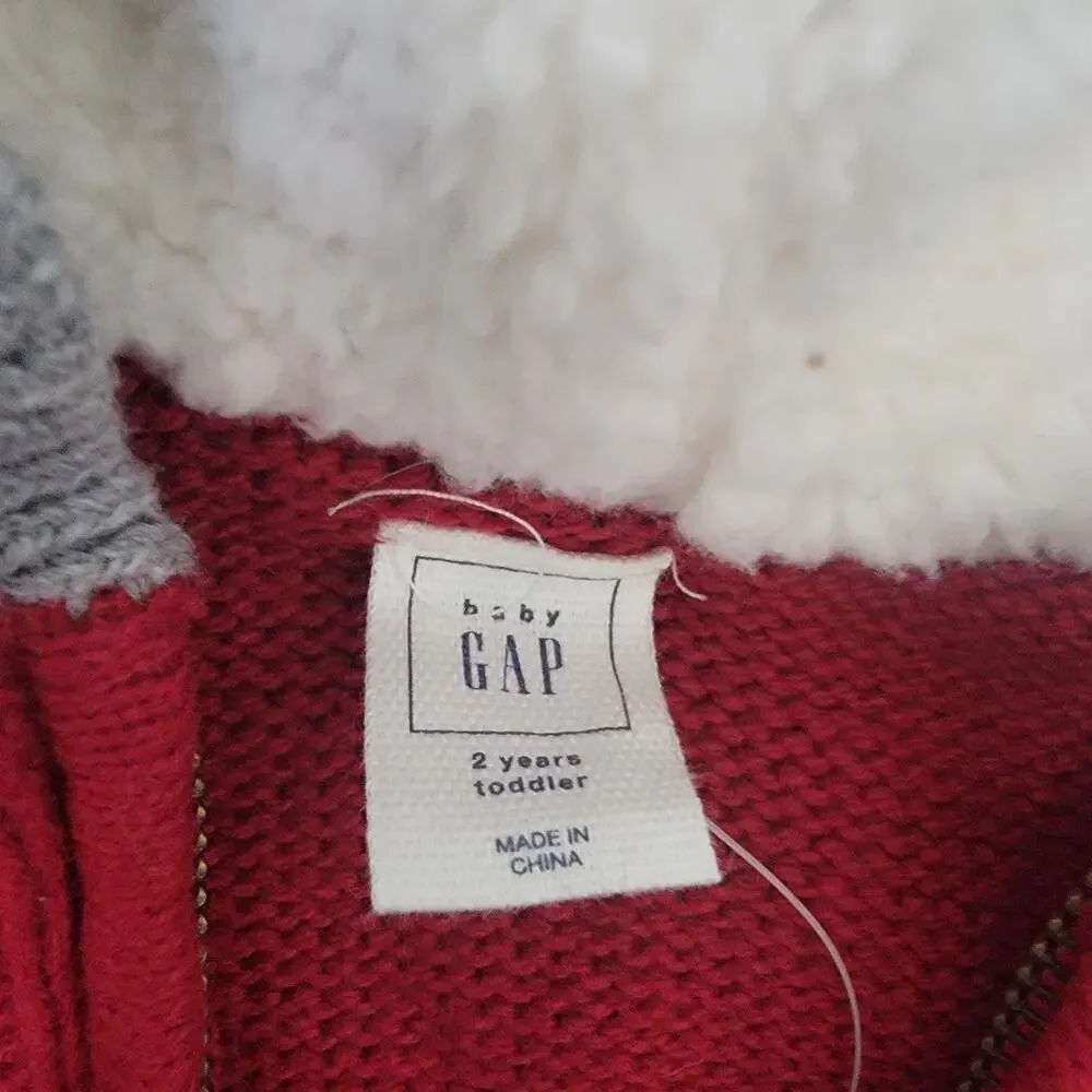Baby Gap Full Zip Cable Knit Hoodie Sz 2T‎ Red Blue Gray Wool Blend Sweater New